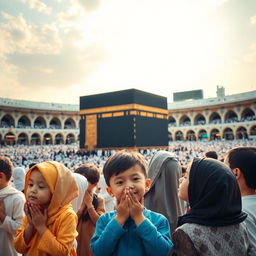 A heartfelt scene of children praying in front of the majestic Kaaba in Makkah, capturing their innocence and devotion