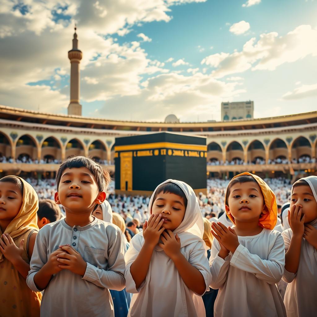 A heartfelt scene of children praying in front of the majestic Kaaba in Makkah, capturing their innocence and devotion