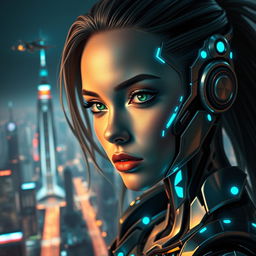 A stunning close-up portrait of a futuristic cyborg woman with a sleek design, featuring glowing blue accents on her metallic skin