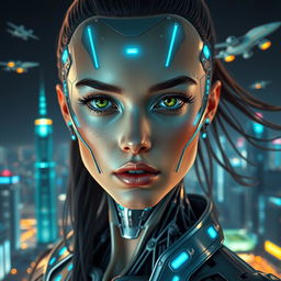 A stunning close-up portrait of a futuristic cyborg woman with a sleek design, featuring glowing blue accents on her metallic skin