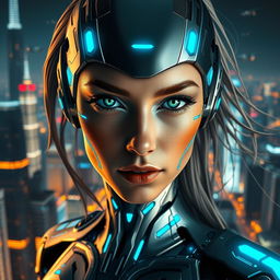 A stunning close-up portrait of a futuristic cyborg woman with a sleek design, featuring glowing blue accents on her metallic skin