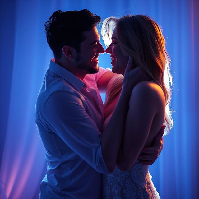 A passionate couple in an intimate embrace, showcasing their love and ecstasy, surrounded by soft blue ambient light that creates a serene and romantic atmosphere