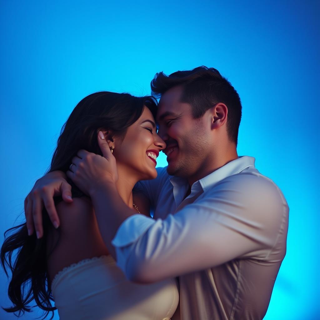 A passionate couple in an intimate embrace, showcasing their love and ecstasy, surrounded by soft blue ambient light that creates a serene and romantic atmosphere