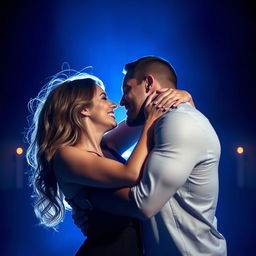A passionate couple in an intimate embrace, showcasing their love and ecstasy, surrounded by soft blue ambient light that creates a serene and romantic atmosphere