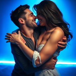 A passionate couple in an intimate embrace, showcasing their love and ecstasy, surrounded by soft blue ambient light that creates a serene and romantic atmosphere