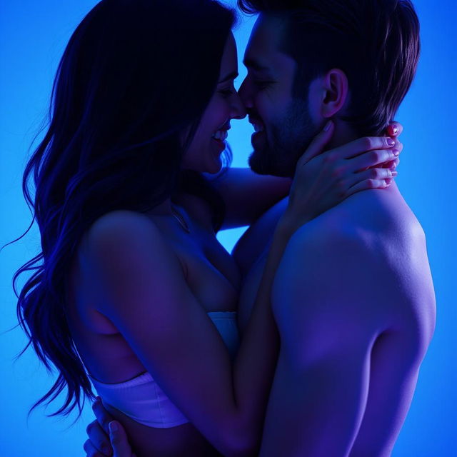 A passionate couple engaged in an intimate moment, surrounded by vibrant blue hues