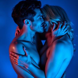 A passionate couple engaged in an intimate moment, surrounded by vibrant blue hues