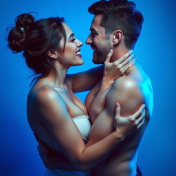A passionate couple engaged in an intimate moment, surrounded by vibrant blue hues