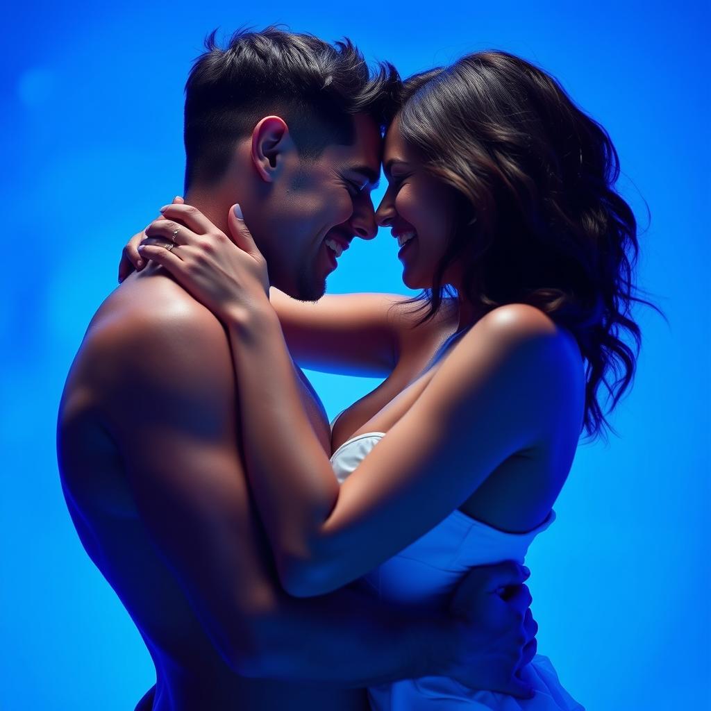 A passionate couple engaged in an intimate moment, surrounded by vibrant blue hues