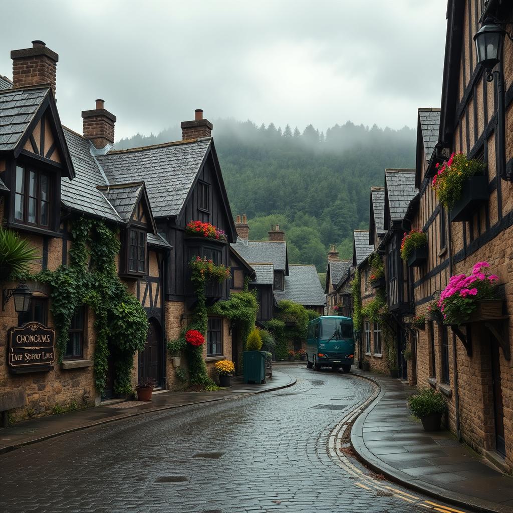 A tranquil, picturesque village scene set on a wet, overcast day with a soft, moody atmosphere