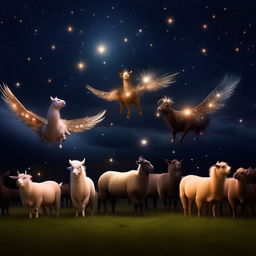 A diverse assemblage of farm animal Pegasi: sheep, pigs, llamas, cows, and deer, each with enchanting wings, flying in harmony under the star-flecked velvety night sky.