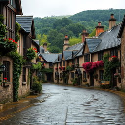 A tranquil, picturesque village scene set on a wet, overcast day with a soft, moody atmosphere