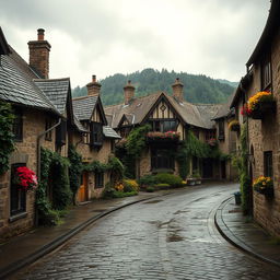 A tranquil, picturesque village scene set on a wet, overcast day with a soft, moody atmosphere