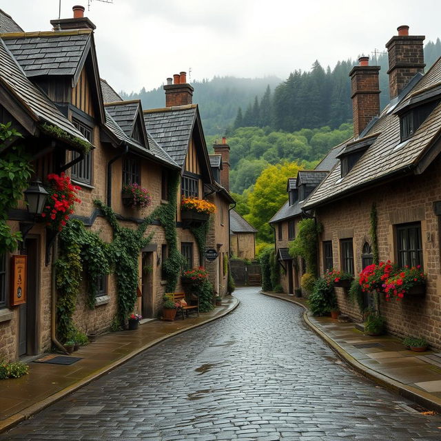 A tranquil, picturesque village scene set on a wet, overcast day with a soft, moody atmosphere