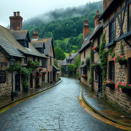 A tranquil, picturesque village scene set on a wet, overcast day with a soft, moody atmosphere