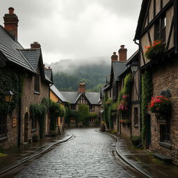 A tranquil, picturesque village scene set on a wet, overcast day with a soft, moody atmosphere
