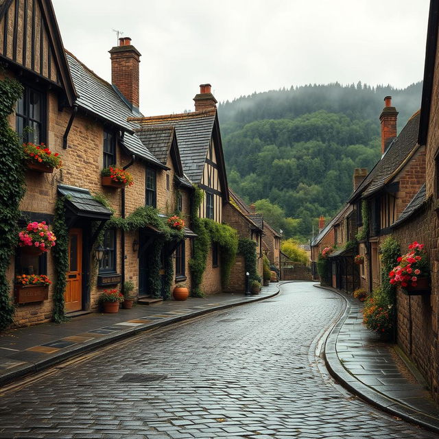 A tranquil, picturesque village scene set on a wet, overcast day with a soft, moody atmosphere