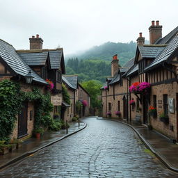 A tranquil, picturesque village scene set on a wet, overcast day with a soft, moody atmosphere