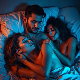 An intimate scene featuring a sad yet sexy atmosphere, with a man and two women on a blue-lit bed
