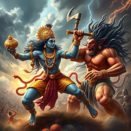 An epic scene depicting the fierce battle between Lord Vishnu and Hiranyaksha, the demon