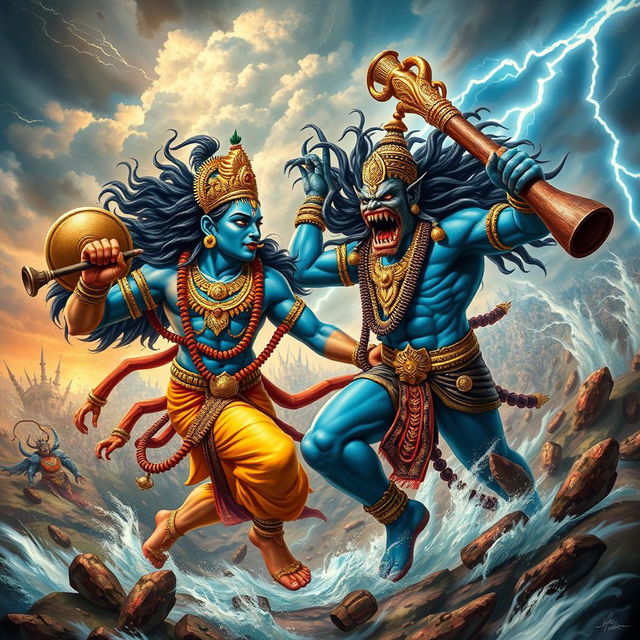 An epic scene depicting the fierce battle between Lord Vishnu and Hiranyaksha, the demon