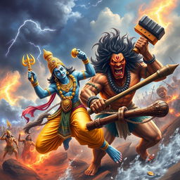 An epic scene depicting the fierce battle between Lord Vishnu and Hiranyaksha, the demon