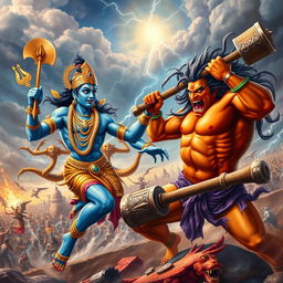 An epic scene depicting the fierce battle between Lord Vishnu and Hiranyaksha, the demon