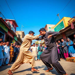A dramatic scene depicting a traditional street fight in Pakistan, showcasing local architecture and vibrant culture
