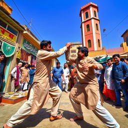 A dramatic scene depicting a traditional street fight in Pakistan, showcasing local architecture and vibrant culture