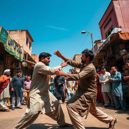 A dramatic scene depicting a traditional street fight in Pakistan, showcasing local architecture and vibrant culture