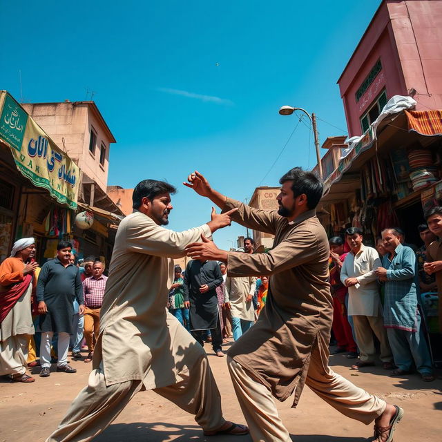 A dramatic scene depicting a traditional street fight in Pakistan, showcasing local architecture and vibrant culture