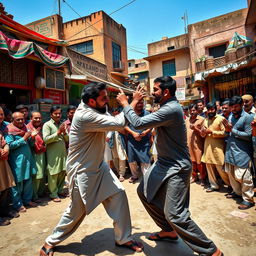 A dramatic scene depicting a traditional street fight in Pakistan, showcasing local architecture and vibrant culture
