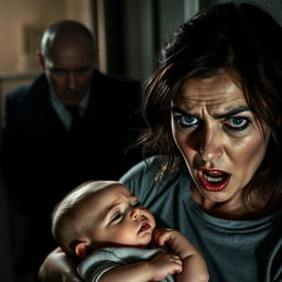 A dramatic scene featuring a woman and her baby in a tense and sinister setting