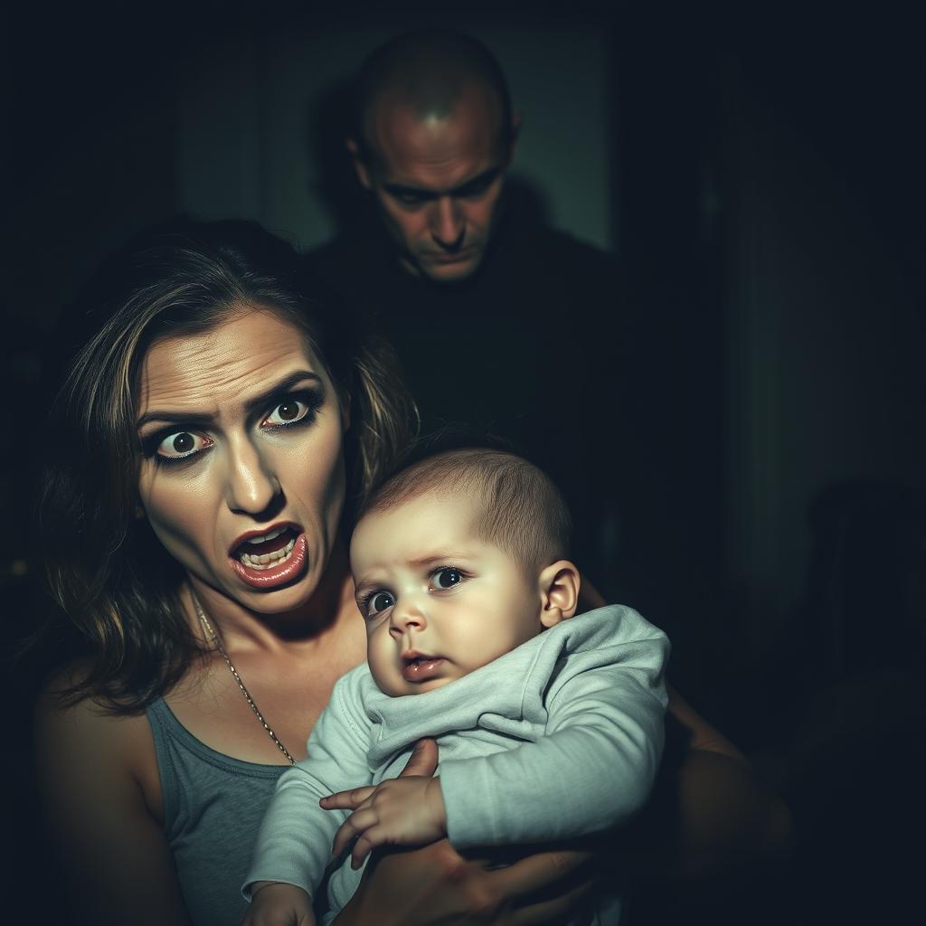 A dramatic scene featuring a woman and her baby in a tense and sinister setting