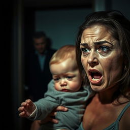 A dramatic scene featuring a woman and her baby in a tense and sinister setting