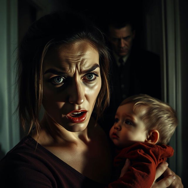 A dramatic scene featuring a woman and her baby in a tense and sinister setting