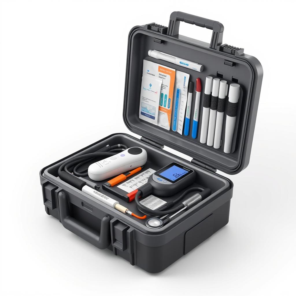 A highly detailed, realistic 3D model of a portable diagnostic kit