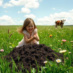 A surreal and artistic scene featuring a girl playfully interacting in a field covered in cow manure