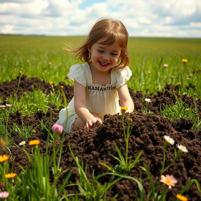 A surreal and artistic scene featuring a girl playfully interacting in a field covered in cow manure