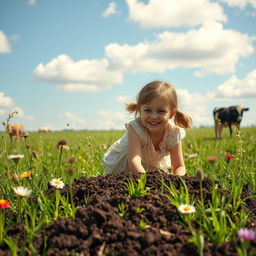 A surreal and artistic scene featuring a girl playfully interacting in a field covered in cow manure
