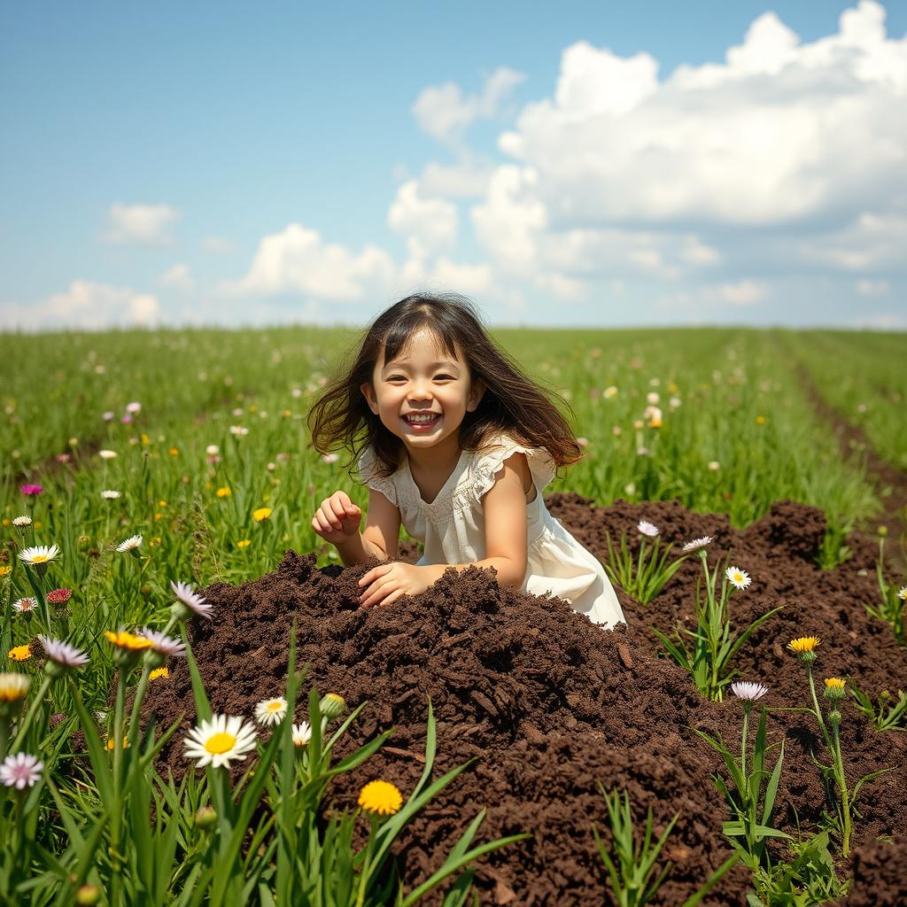 A surreal and artistic scene featuring a girl playfully interacting in a field covered in cow manure