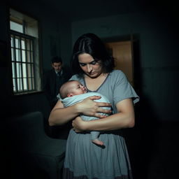 A tense scene depicting a mother and her baby in a dimly lit room; the mother exudes strength and determination as she cradles her infant protectively