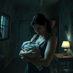 A tense scene depicting a mother and her baby in a dimly lit room; the mother exudes strength and determination as she cradles her infant protectively