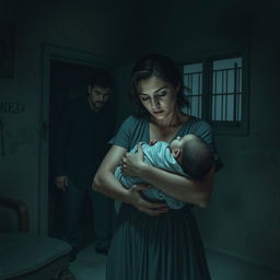 A tense scene depicting a mother and her baby in a dimly lit room; the mother exudes strength and determination as she cradles her infant protectively