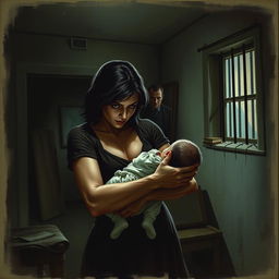 A tense scene depicting a mother and her baby in a dimly lit room; the mother exudes strength and determination as she cradles her infant protectively