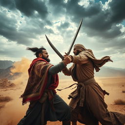 A dramatic scene set in Pashtoistan, featuring a fierce and intense battle between two warriors dressed in traditional Pashto attire