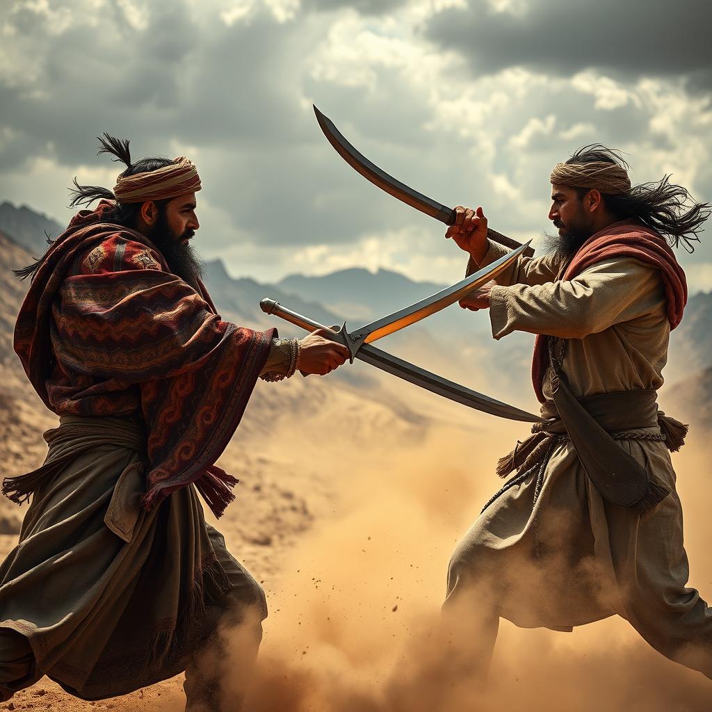 A dramatic scene set in Pashtoistan, featuring a fierce and intense battle between two warriors dressed in traditional Pashto attire