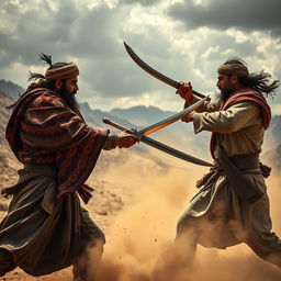 A dramatic scene set in Pashtoistan, featuring a fierce and intense battle between two warriors dressed in traditional Pashto attire