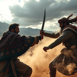 A dramatic scene set in Pashtoistan, featuring a fierce and intense battle between two warriors dressed in traditional Pashto attire