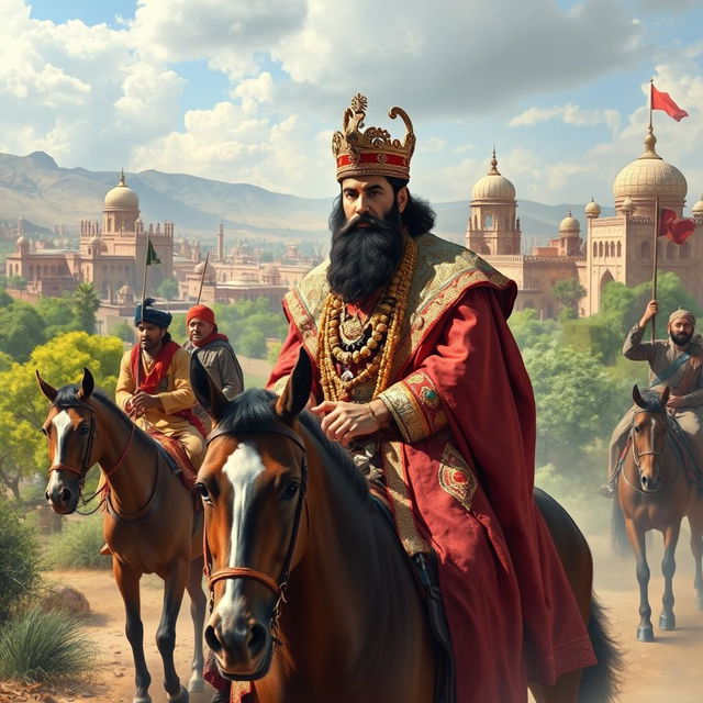 A historical scene depicting Ahmad Shah Durrani (also known as Ahmad Shah Baba), the founder of the Durrani Empire, during his reign in the 18th century in Afghanistan